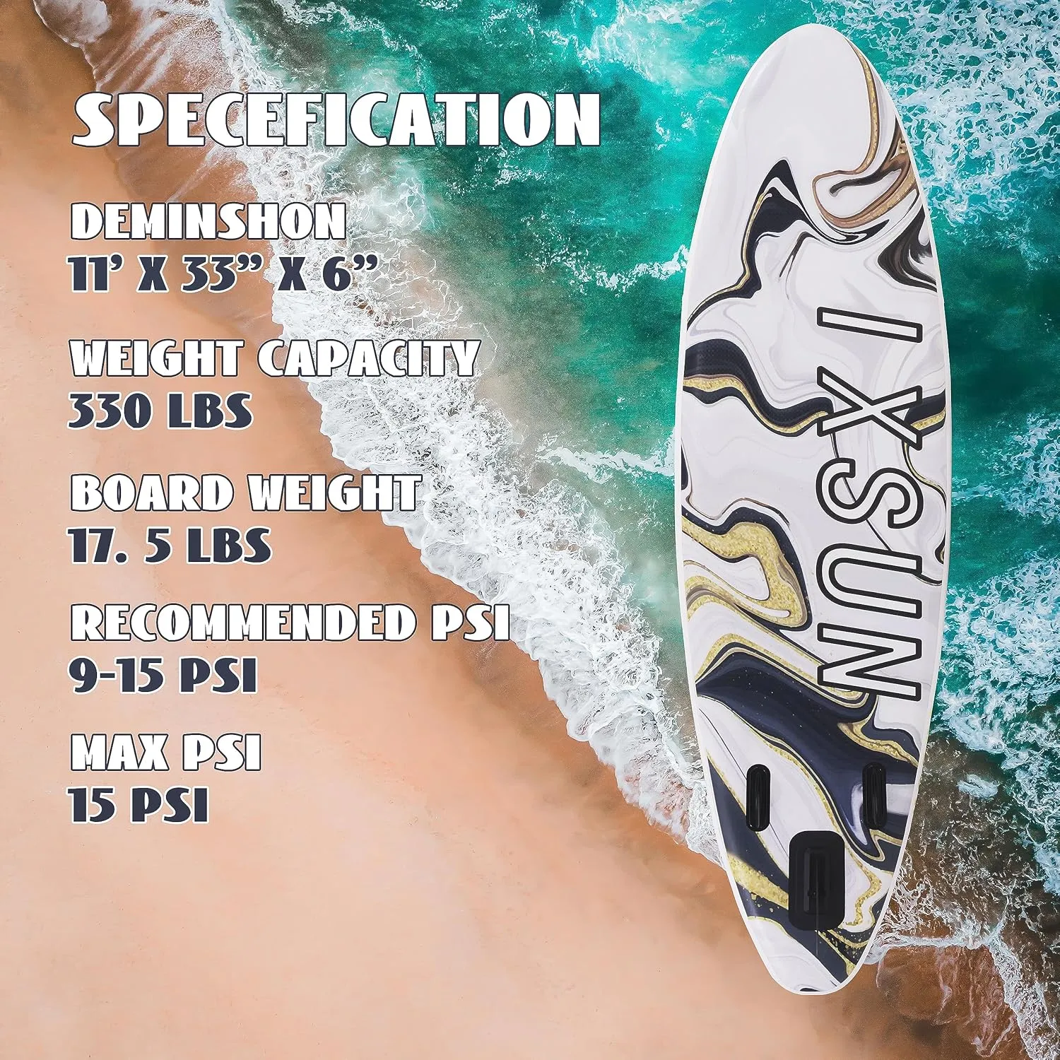 11' x 33" x 6" Inflatable Stand Up Paddle Board,11 ft,Stable Wide,Non-Slip Deck,with Premium SUP Accessories,Backpack, Bottom Fins,Adjustable Paddles,Double-Action Pump