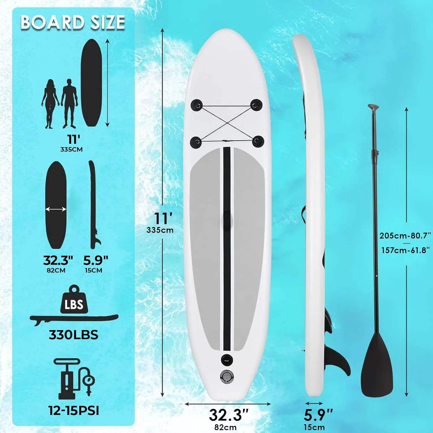 11FT Stand Up Paddle Board, Inflatable Paddleboard with SUP Accessories & Carry Bag, Paddle, Hand Pump, Non-Slip Deck, Repair Kit,Leash, 400LBS