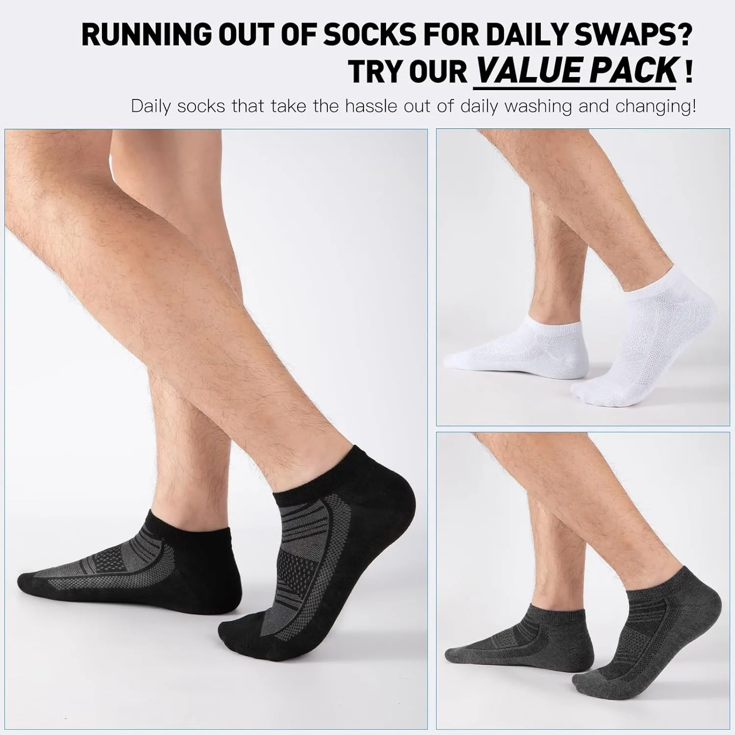 15 Pairs 3 Styles Low Cut Ankle Socks for Men  Breathable Thin Socks Bulk Pack, Fits Shoe Size 8-12