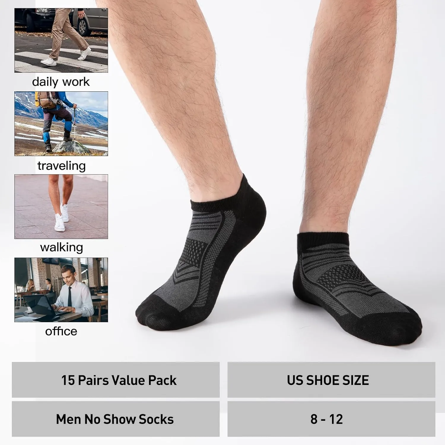 15 Pairs 3 Styles Low Cut Ankle Socks for Men  Breathable Thin Socks Bulk Pack, Fits Shoe Size 8-12