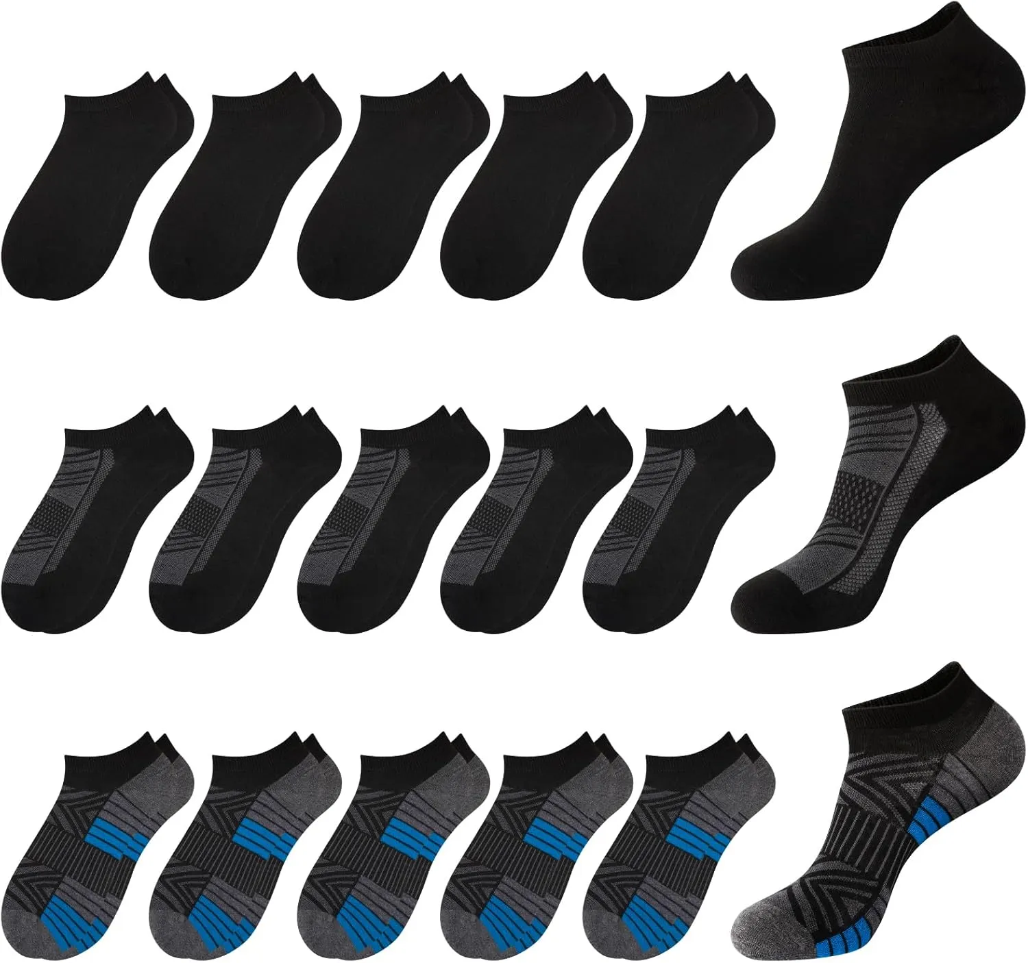 15 Pairs 3 Styles Low Cut Ankle Socks for Men  Breathable Thin Socks Bulk Pack, Fits Shoe Size 8-12