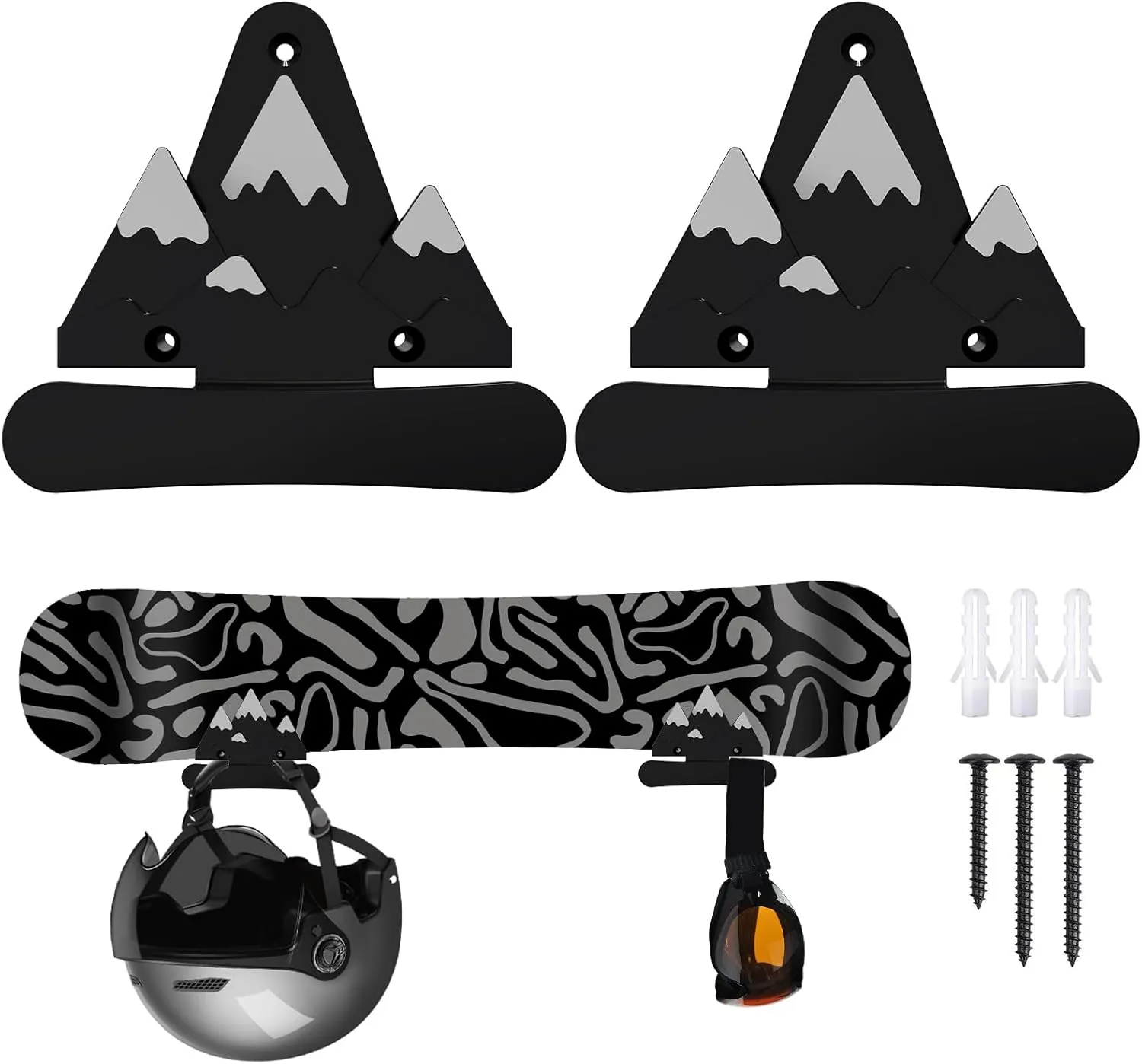 2 Pack Snowboard Wall Mount with Hooks,Snow Mountain decorative Design for Snowboard Rack, Space Saving