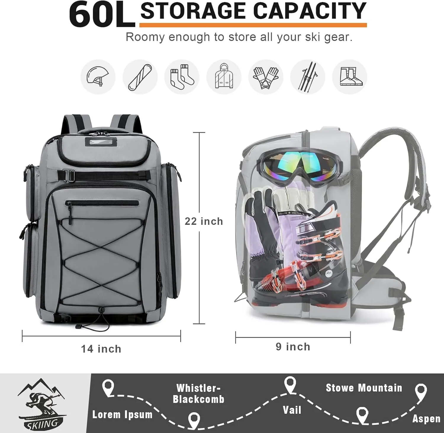 60L Waterproof Ski Boot Backpack - Travel Pack for Snowboard Boots, Skis, Helmet, Goggles, Gloves - Men,Women,Youth