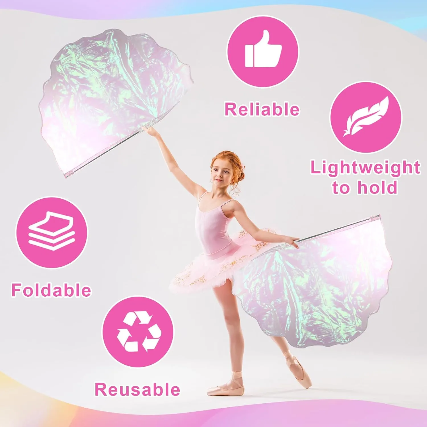 8 Set Worship Dance Flags with 8 Pcs Scalable Rod 29.5 x 39.3 Inch Praise Church Flags Semicircle Worship Angel Wing for Girls Adults Practice Performance(Iridescent White)