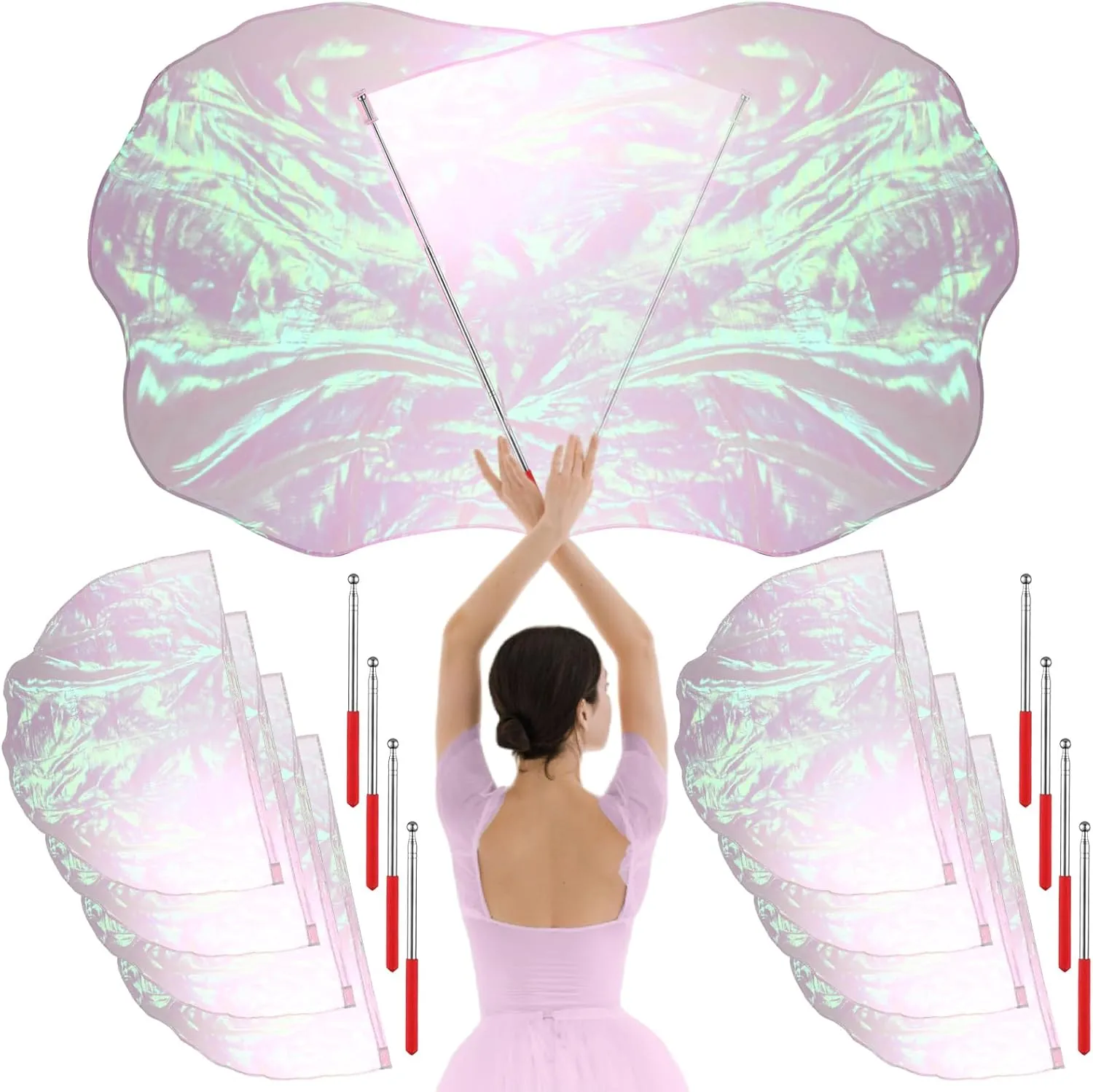 8 Set Worship Dance Flags with 8 Pcs Scalable Rod 29.5 x 39.3 Inch Praise Church Flags Semicircle Worship Angel Wing for Girls Adults Practice Performance(Iridescent White)