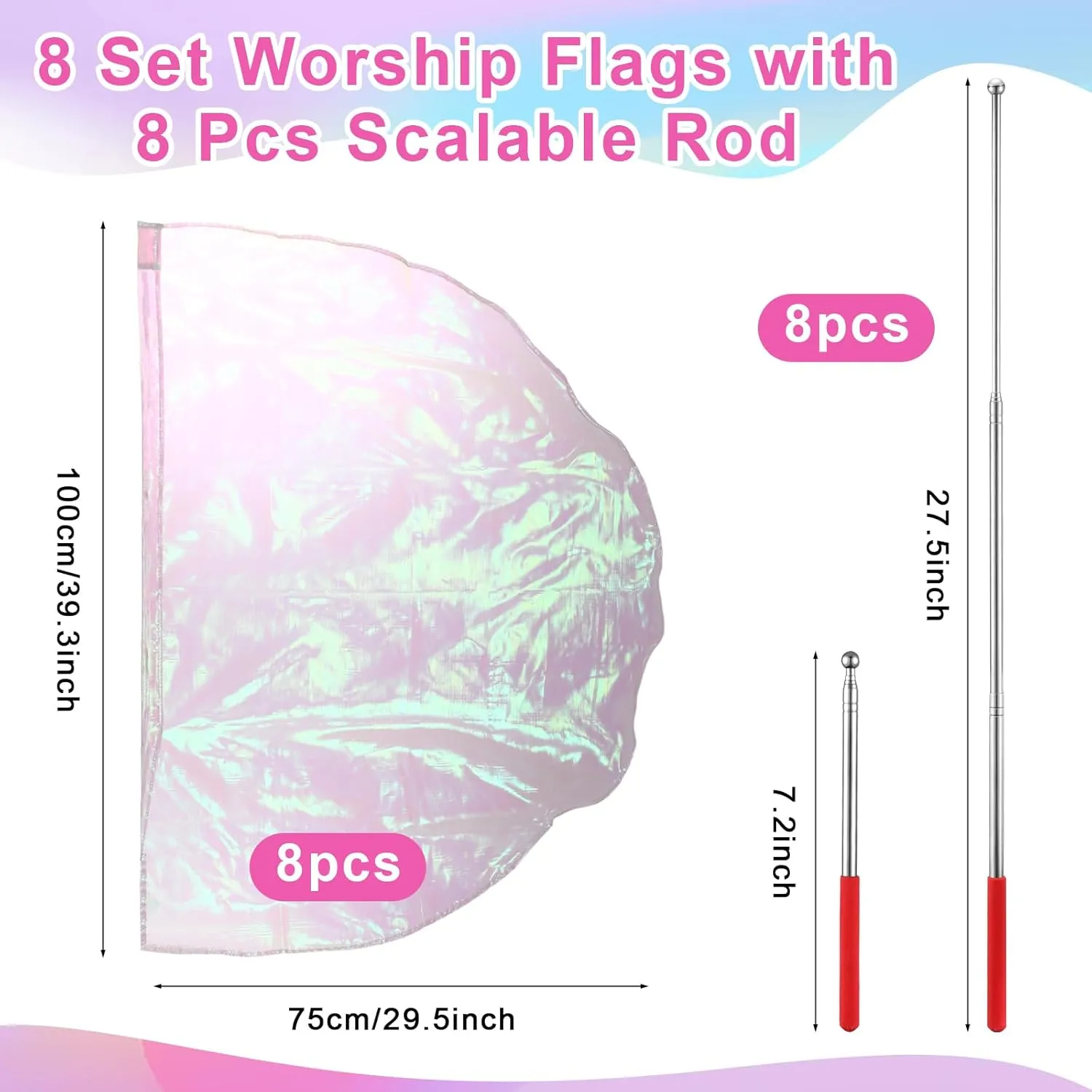 8 Set Worship Dance Flags with 8 Pcs Scalable Rod 29.5 x 39.3 Inch Praise Church Flags Semicircle Worship Angel Wing for Girls Adults Practice Performance(Iridescent White)