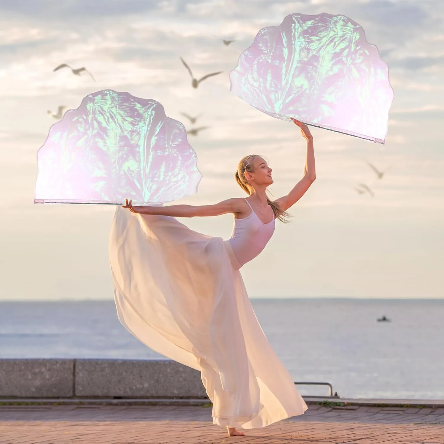 8 Set Worship Dance Flags with 8 Pcs Scalable Rod 29.5 x 39.3 Inch Praise Church Flags Semicircle Worship Angel Wing for Girls Adults Practice Performance(Iridescent White)