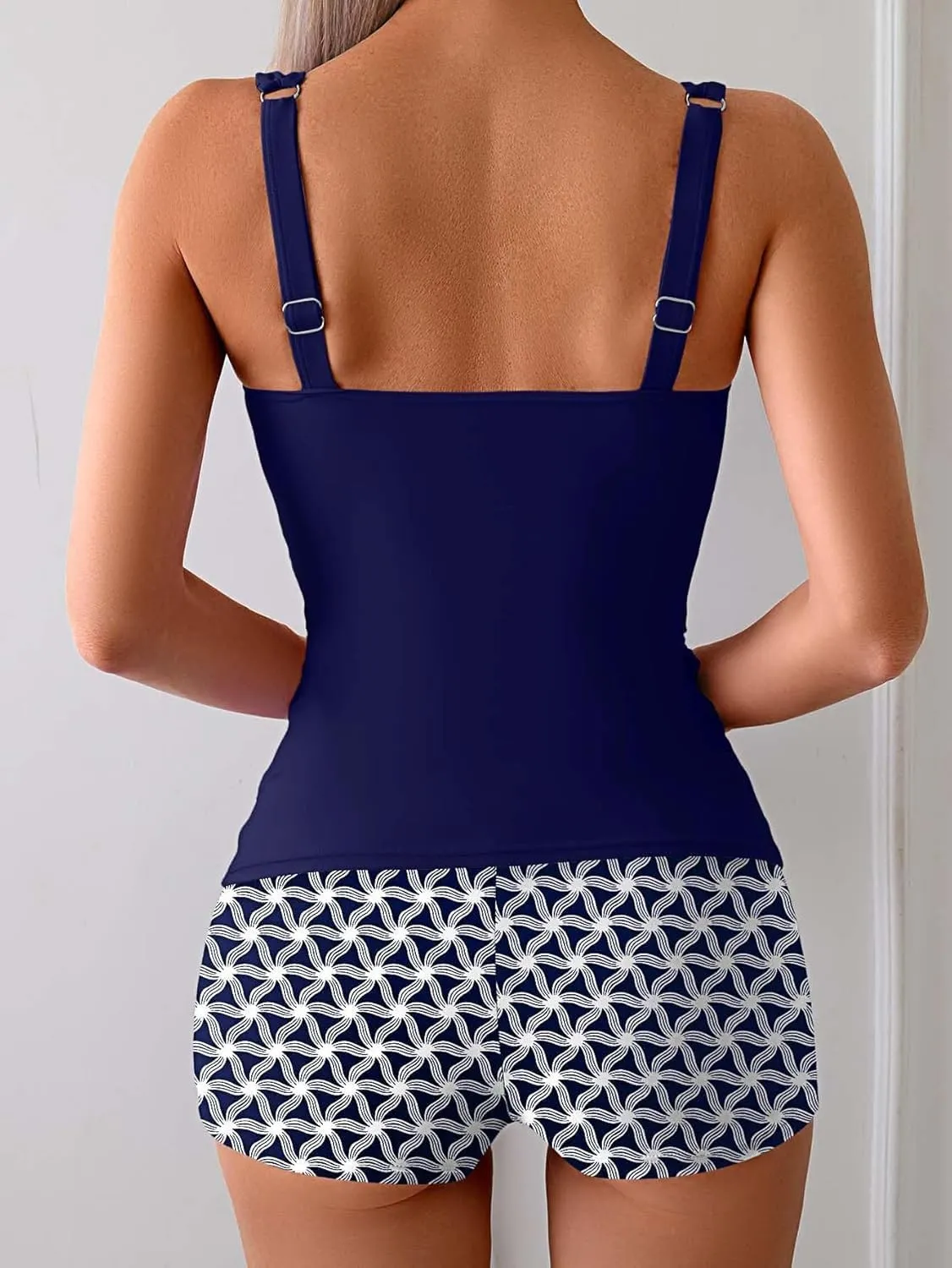 B2prity Women's Tankini Swimsuit Tummy Control Ruched Two Piece Bathing Suit Push Up Modest Swim Suits with Shorts