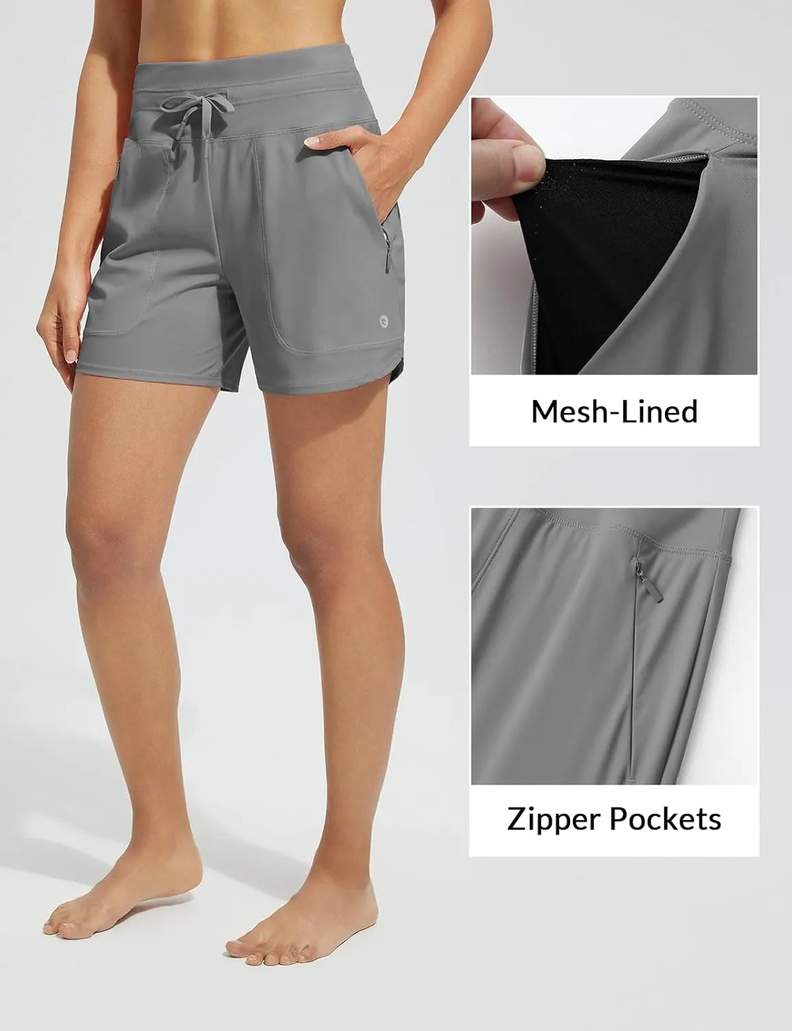 baleaf Women's 5" Swim Board Shorts High Waisted Quick Dry UPF 50  Swimsuit Swimming Bottoms with Boxer Liner Zipper Pockets