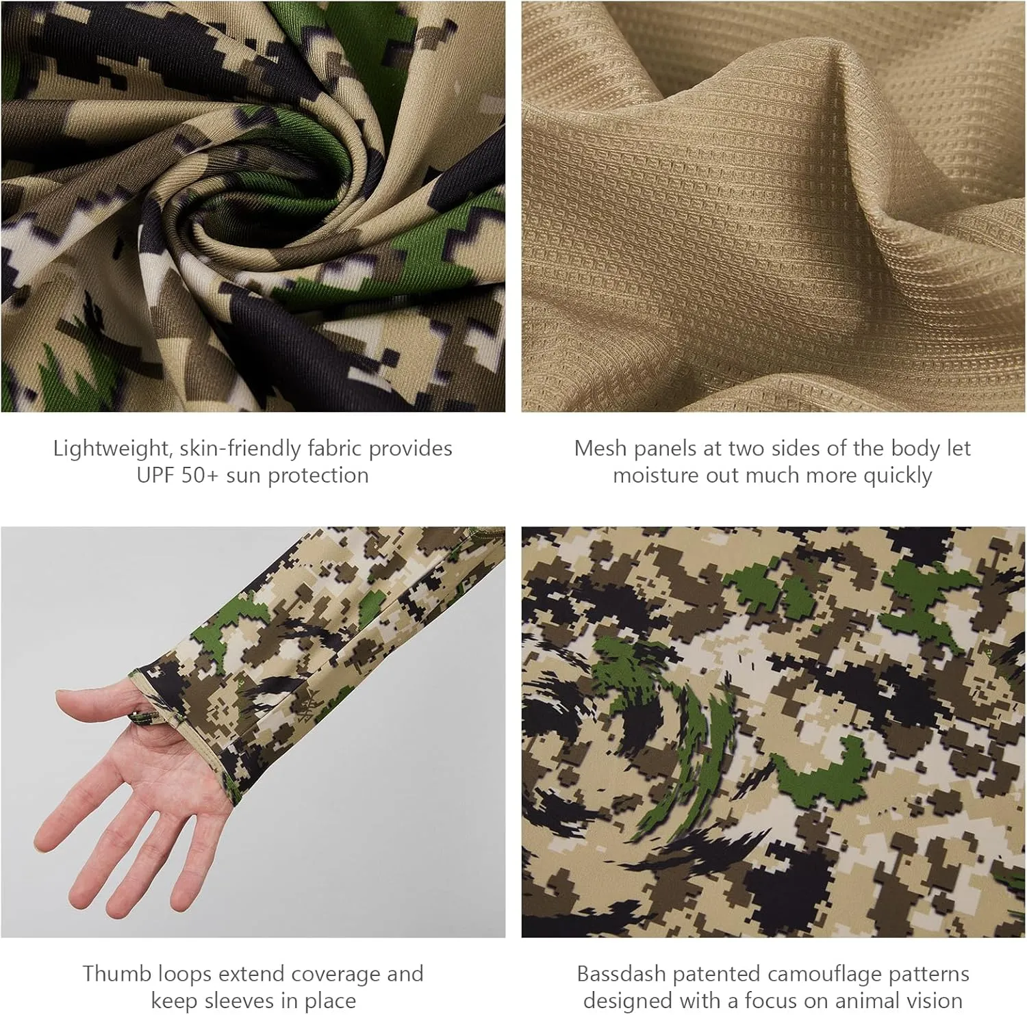 BASSDASH Men's UPF 50  Lightweight Hunting Camo Hoodie Quick Dry Performance Long Sleeve Fishing Shirt with Hood FS30M
