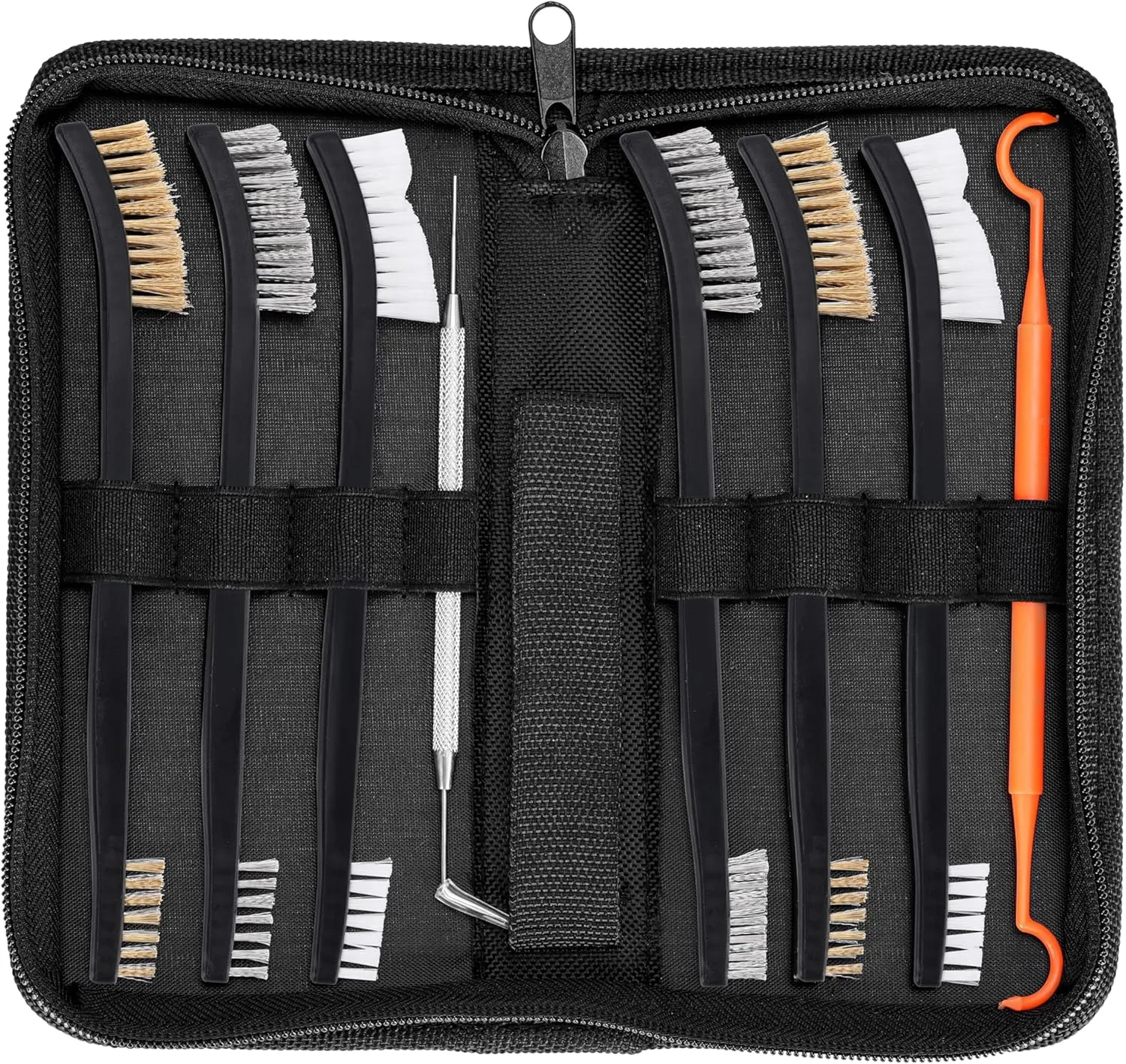 BOOSTEADY Gun Cleaning Brush & Hook Kit in Zippered Organizer Carry Case (8 Pieces) - Double End Brass Steel Nylon Bristle Brushes & Metal Polymer Hooks
