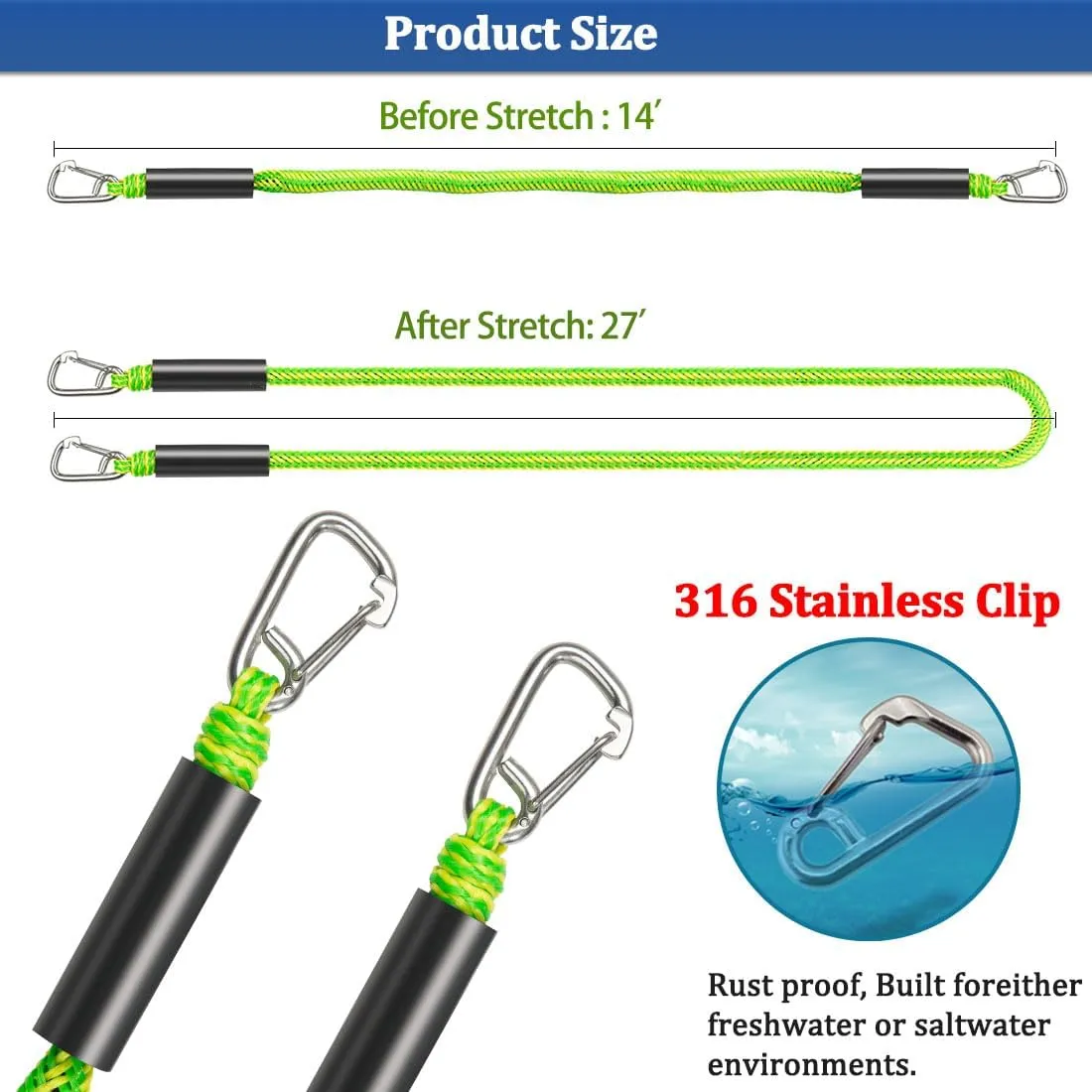 Botepon Boat Bungee Dock Lines, Boat Bungee Anchor Lines, Boat Bungee Anchor Rope, PWC Anchor Line, PWC Accessories, Jet Ski Accessories