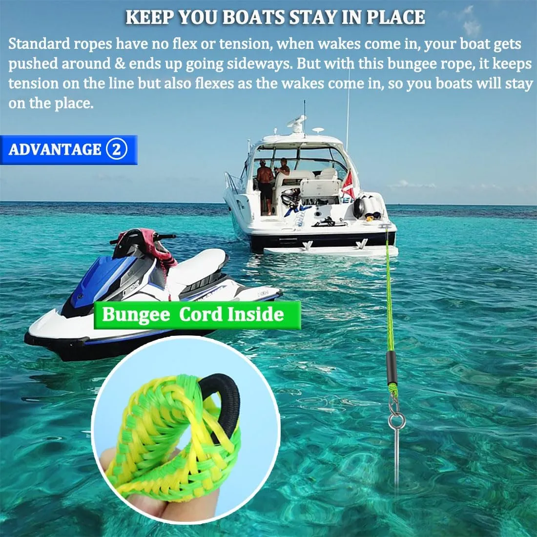 Botepon Boat Bungee Dock Lines, Boat Bungee Anchor Lines, Boat Bungee Anchor Rope, PWC Anchor Line, PWC Accessories, Jet Ski Accessories