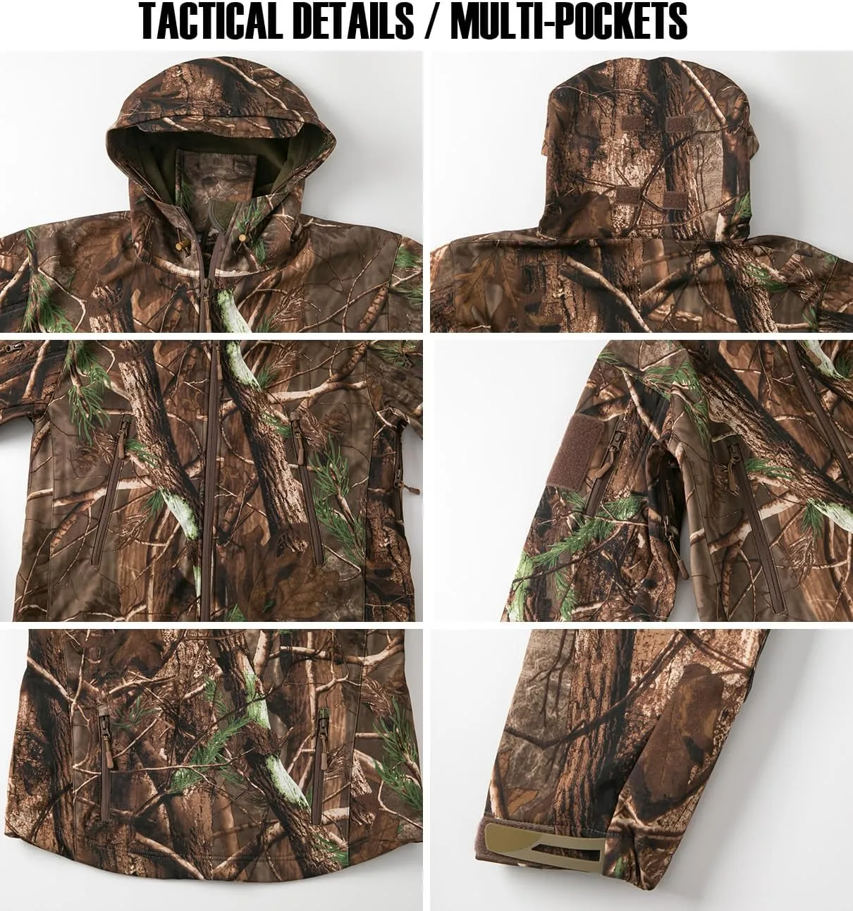 CARWORNIC Men's Camo Quiet Hunting Jacket Waterproof Softshell Fleece Lined Camouflage Outdoor Hiking Fishing Coat