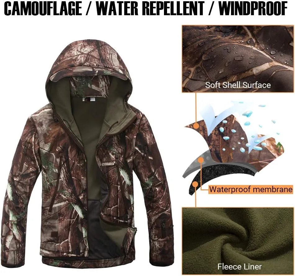 CARWORNIC Men's Camo Quiet Hunting Jacket Waterproof Softshell Fleece Lined Camouflage Outdoor Hiking Fishing Coat