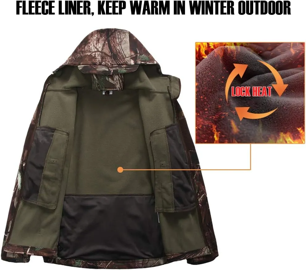 CARWORNIC Men's Camo Quiet Hunting Jacket Waterproof Softshell Fleece Lined Camouflage Outdoor Hiking Fishing Coat
