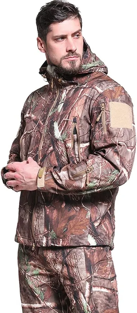 CARWORNIC Men's Camo Quiet Hunting Jacket Waterproof Softshell Fleece Lined Camouflage Outdoor Hiking Fishing Coat