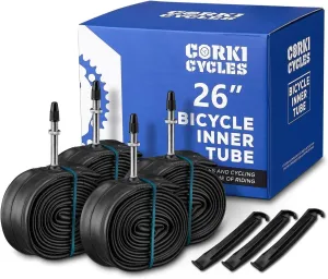 Corki Cycles 26 Inch Mountain Bike Inner Tube 4-Pack, Bike Tube 26 x 1.75 1.95 2.0 2.1 2.125 2.2 2.25 2.3 2.35 2.4 4.0 Presta Valve 48mm / Schrader Valve 32mm - Heavy Duty Butyl Rubber Bike Tire Tube