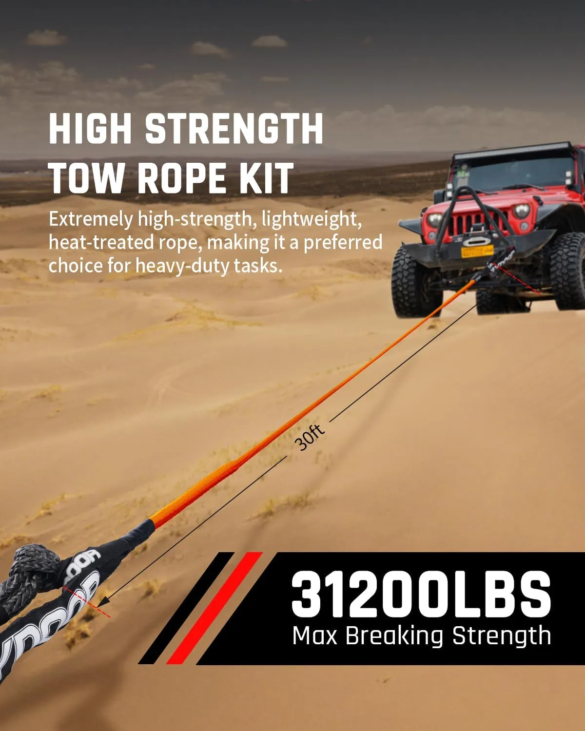 DAYDOOR 7/16'' x 30ft Tow Rope, UHMWPE Heavy Duty Offroad Snatch Strap with 2 Soft Shackles, 31,200 Lbs Towing Rope Kit for for Off-Road Vehicle 4WD ATV, UTV, SUV (Orange)
