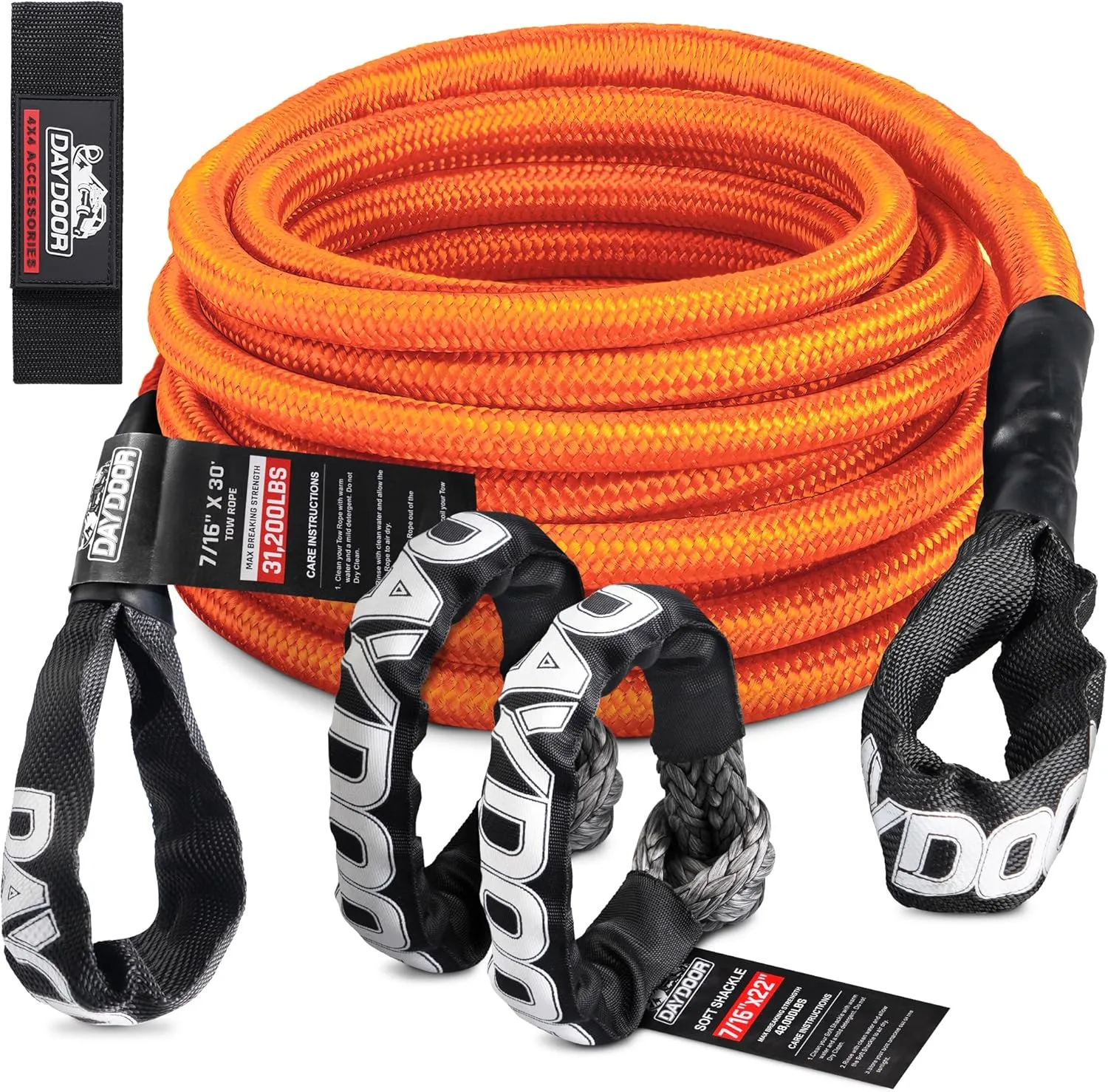 DAYDOOR 7/16'' x 30ft Tow Rope, UHMWPE Heavy Duty Offroad Snatch Strap with 2 Soft Shackles, 31,200 Lbs Towing Rope Kit for for Off-Road Vehicle 4WD ATV, UTV, SUV (Orange)