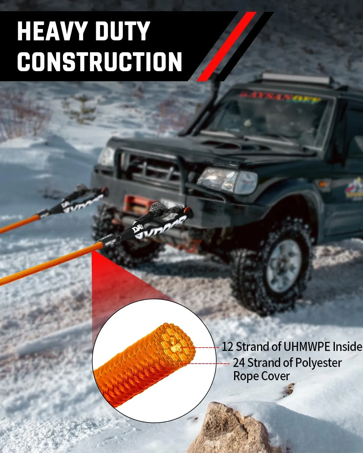 DAYDOOR 7/16'' x 30ft Tow Rope, UHMWPE Heavy Duty Offroad Snatch Strap with 2 Soft Shackles, 31,200 Lbs Towing Rope Kit for for Off-Road Vehicle 4WD ATV, UTV, SUV (Orange)