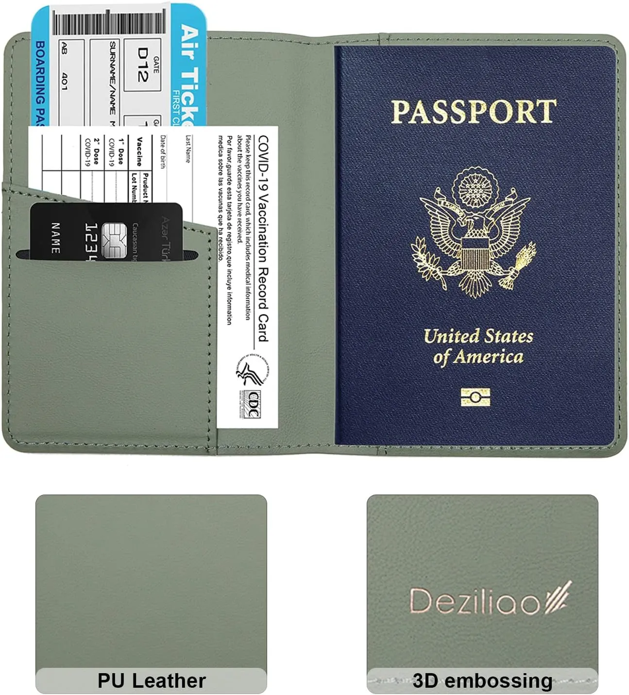 Deziliao Passport Holder,Passport Holder Card Slots, Passport and Vaccine Card Holder Combo, Cute Passport cover for Women and Men, with Waterproof Rfid Blocking, Passport Travel Wallet(Moss green)