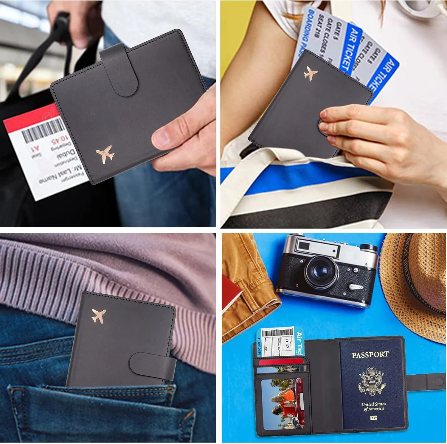 Deziliao Unisex Faux Leather Passport and Vaccine Card Holder, Black, Slim, Waterproof, Lightweight, RFID Blocking