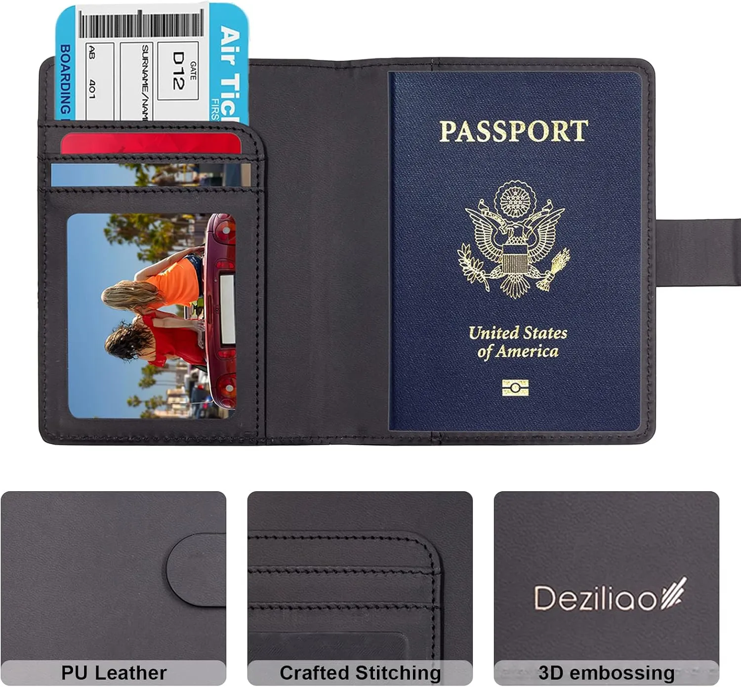 Deziliao Unisex Faux Leather Passport and Vaccine Card Holder, Black, Slim, Waterproof, Lightweight, RFID Blocking