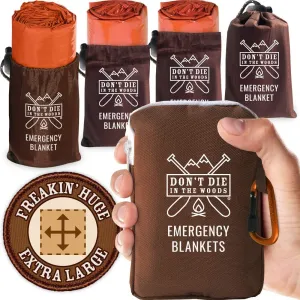 Don't Die In The Woods - Freakin Huge Emergency Blankets [4-Pack] Extra-Large Thermal Mylar Space Blankets with Ripstop Nylon Stuff Sacks   Carabiner Zipper Pack [Survival Orange]