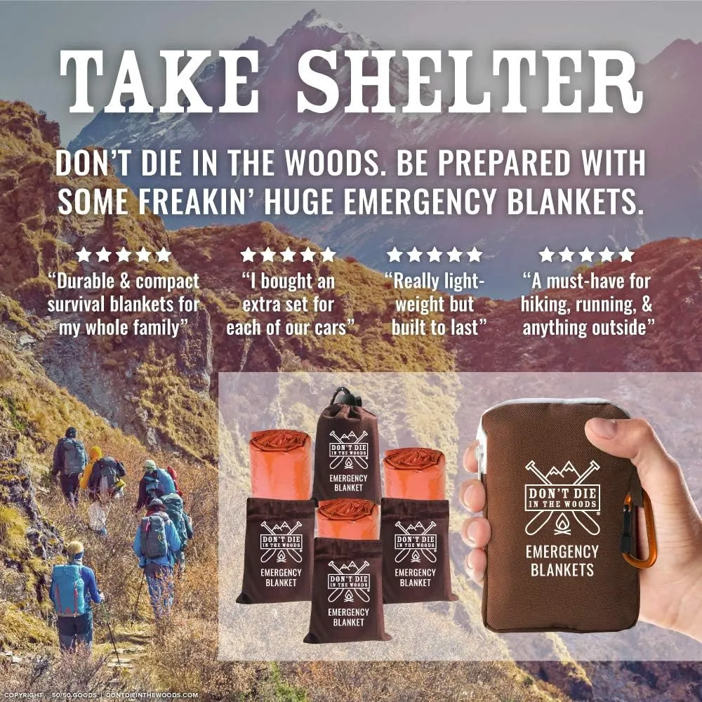 Don't Die In The Woods - Freakin Huge Emergency Blankets [4-Pack] Extra-Large Thermal Mylar Space Blankets with Ripstop Nylon Stuff Sacks   Carabiner Zipper Pack [Survival Orange]