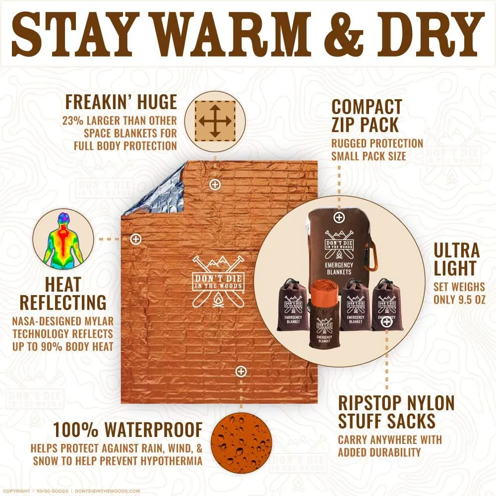 Don't Die In The Woods - Freakin Huge Emergency Blankets [4-Pack] Extra-Large Thermal Mylar Space Blankets with Ripstop Nylon Stuff Sacks   Carabiner Zipper Pack [Survival Orange]