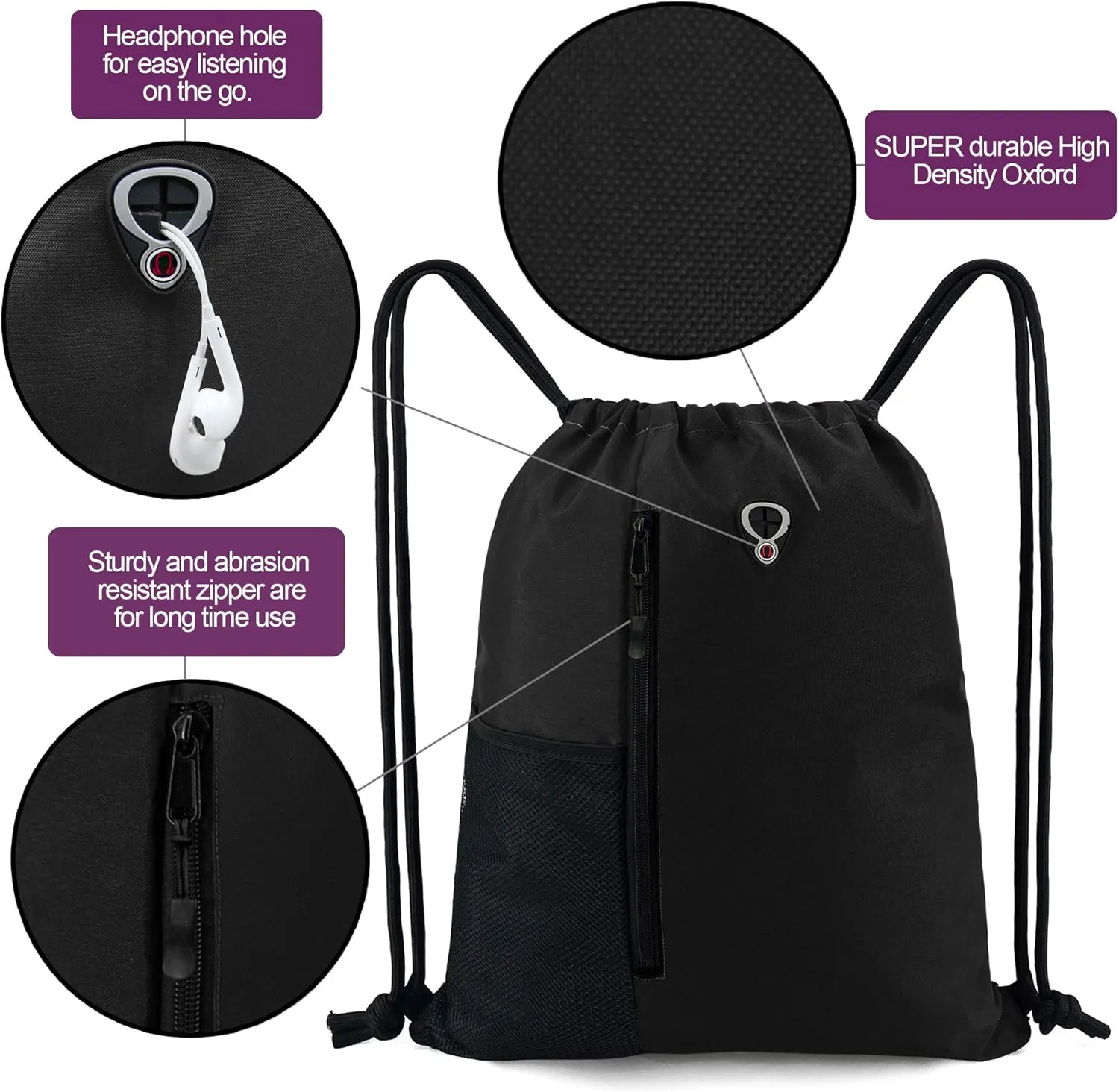 Drawstring Backpack Sports Gym Bag for Women Men Large Size With Two Zipper Pockets and Water Bottle Mesh Pockets