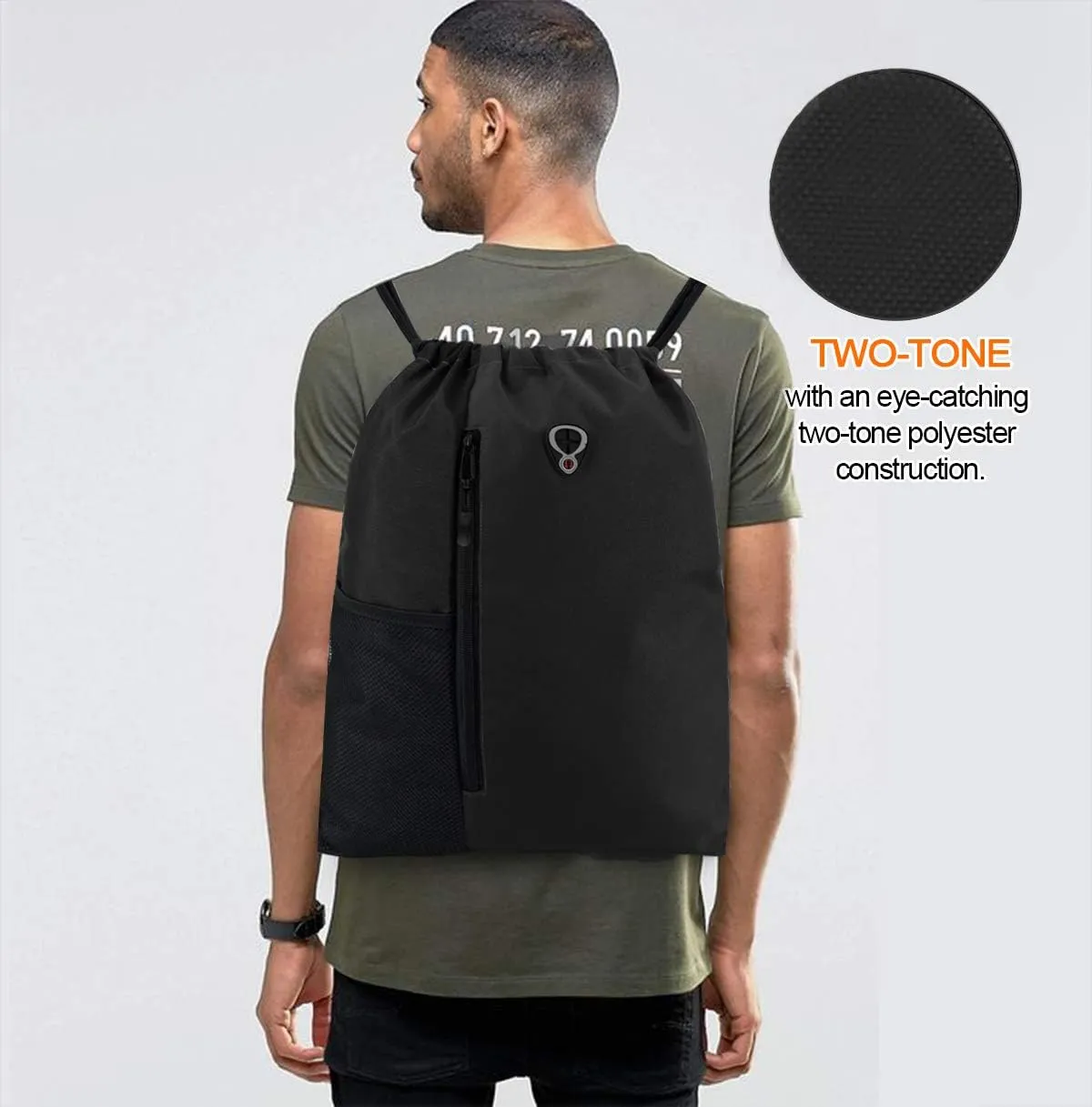 Drawstring Backpack Sports Gym Bag for Women Men Large Size With Two Zipper Pockets and Water Bottle Mesh Pockets