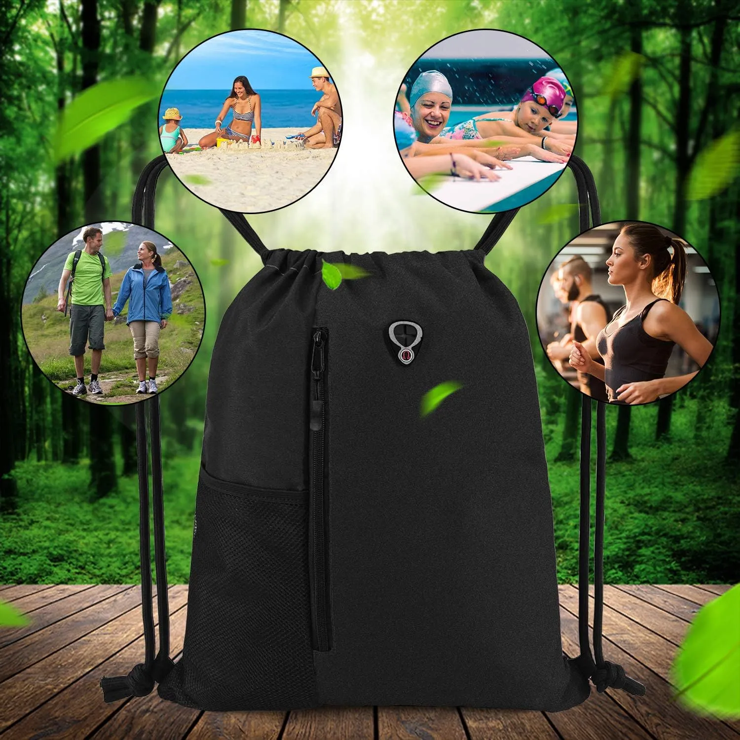 Drawstring Backpack Sports Gym Bag for Women Men Large Size With Two Zipper Pockets and Water Bottle Mesh Pockets