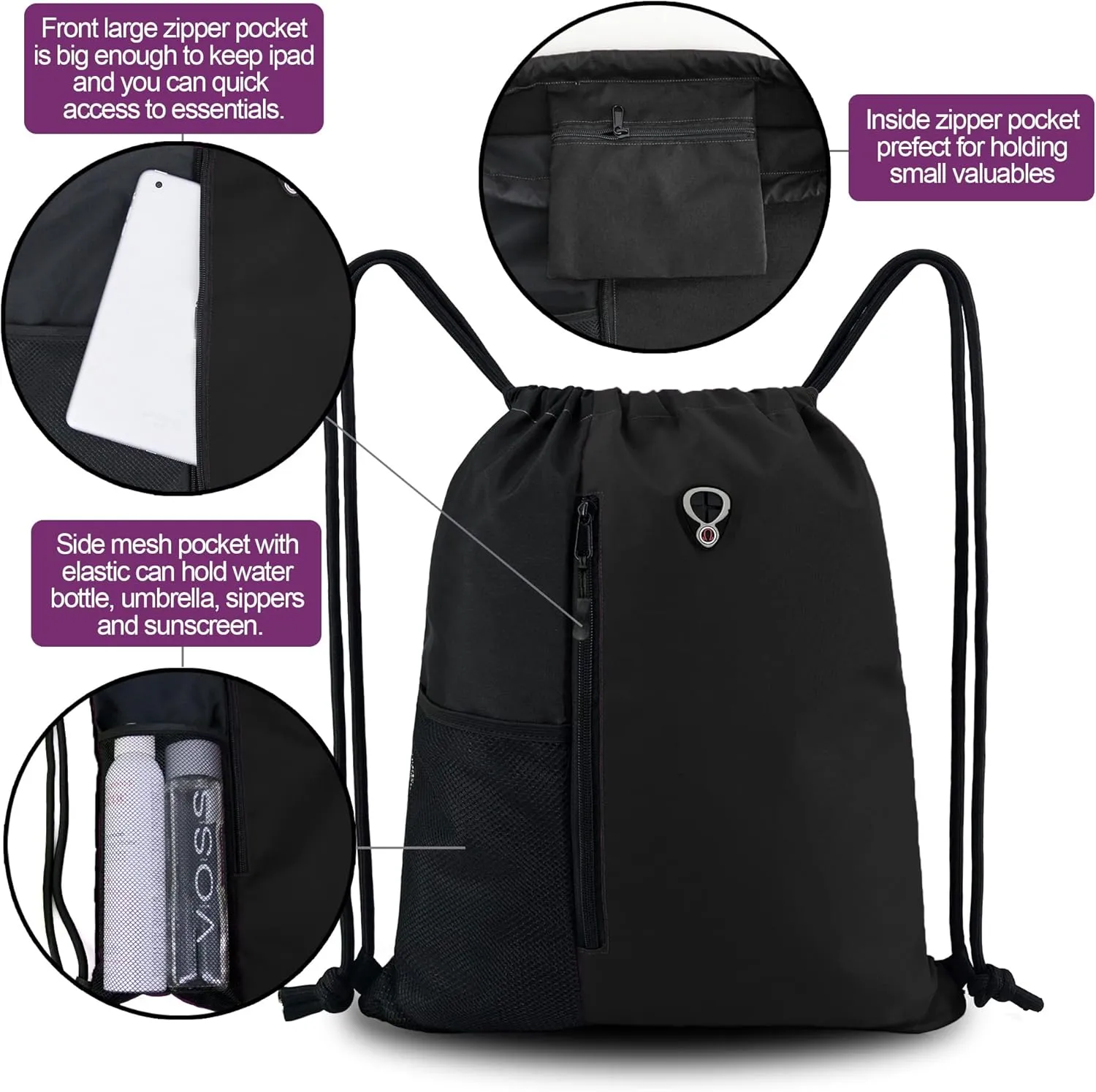 Drawstring Backpack Sports Gym Bag for Women Men Large Size With Two Zipper Pockets and Water Bottle Mesh Pockets