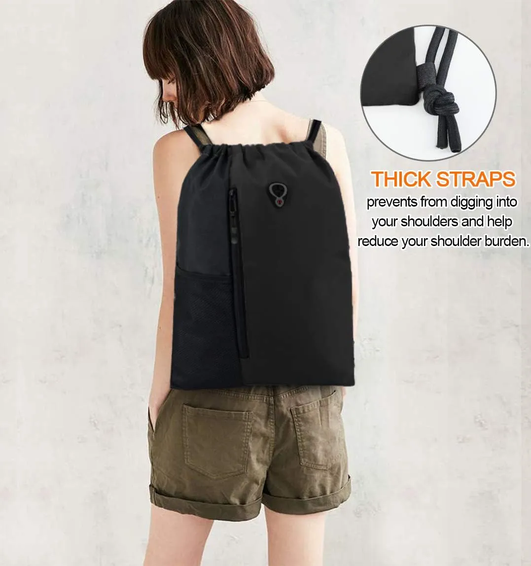Drawstring Backpack Sports Gym Bag for Women Men Large Size With Two Zipper Pockets and Water Bottle Mesh Pockets