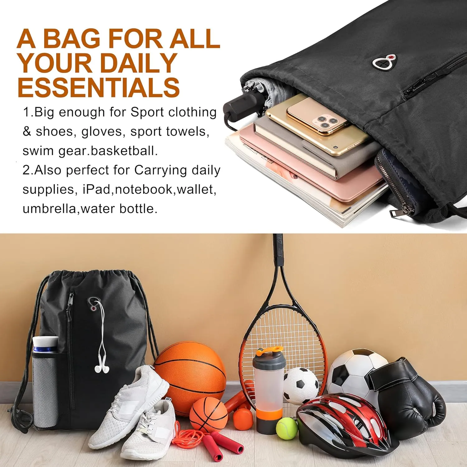 Drawstring Backpack Sports Gym Bag for Women Men Large Size With Two Zipper Pockets and Water Bottle Mesh Pockets