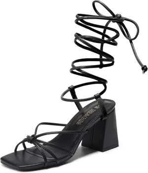 DREAM PAIRS Women's Lace Up Heels Strappy Block High Heel Square Open Toe Chunky Sandals for Party Travel Date