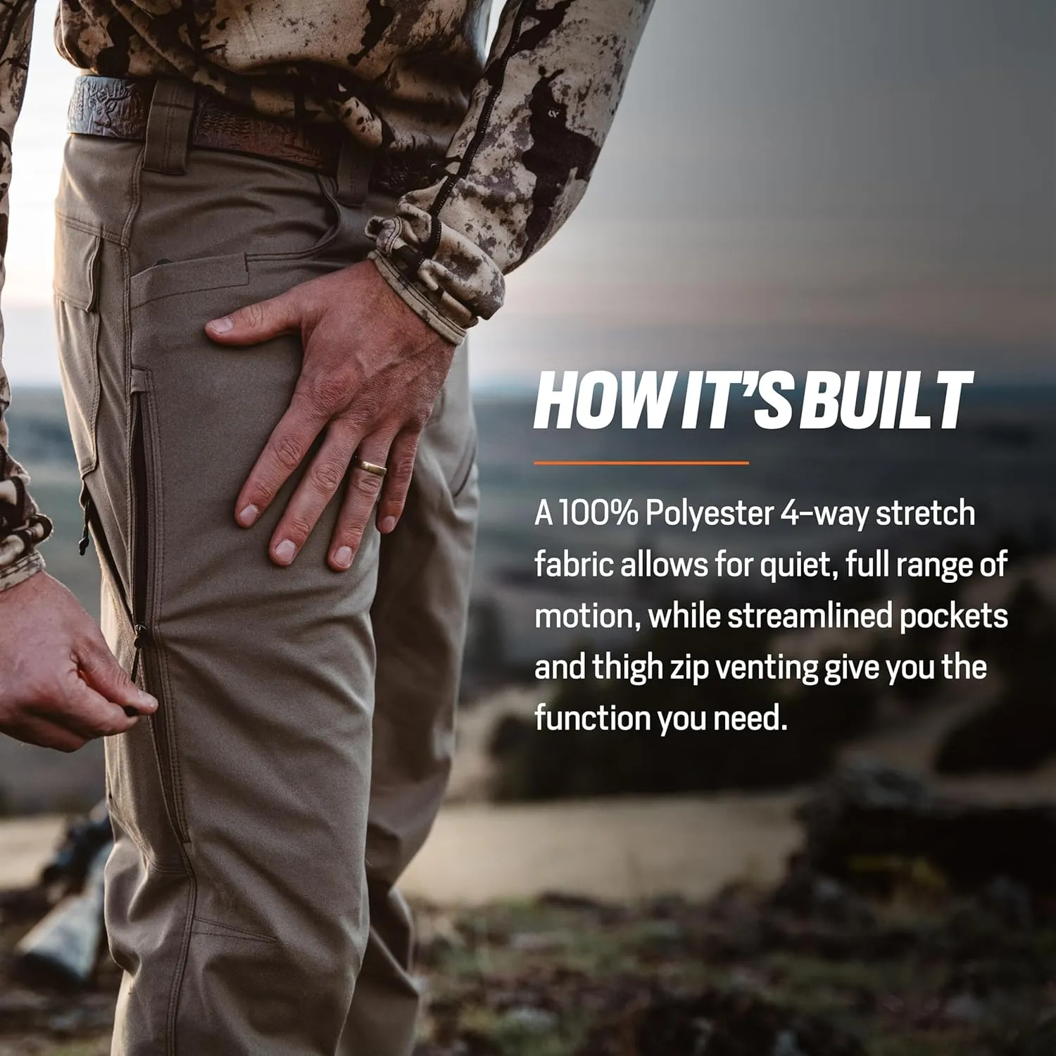 First Lite Mens 308 Pant - Mens Outdoor Stretch Camo Hunting Pants with Hip Vents, Year Round Lightweight Hunting Gear