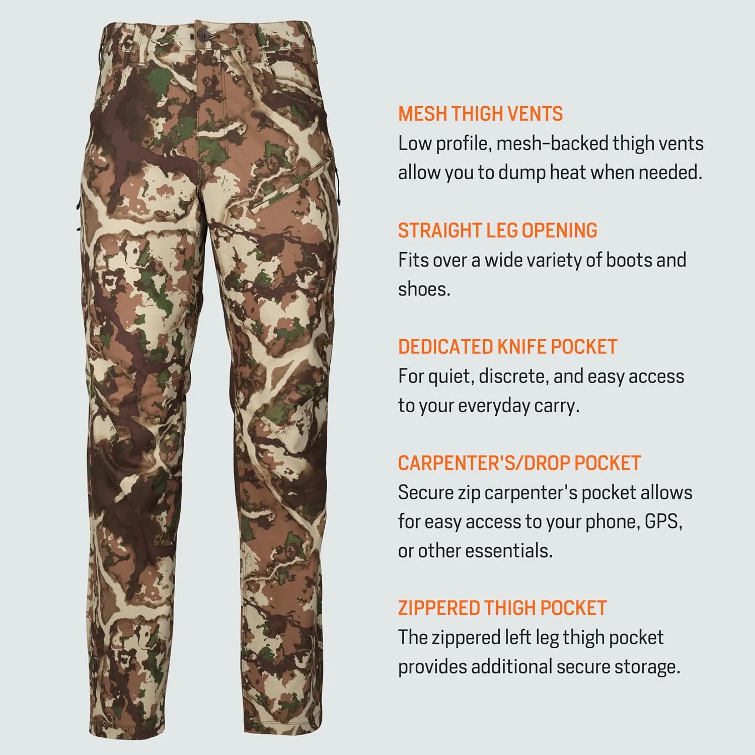 First Lite Mens 308 Pant - Mens Outdoor Stretch Camo Hunting Pants with Hip Vents, Year Round Lightweight Hunting Gear