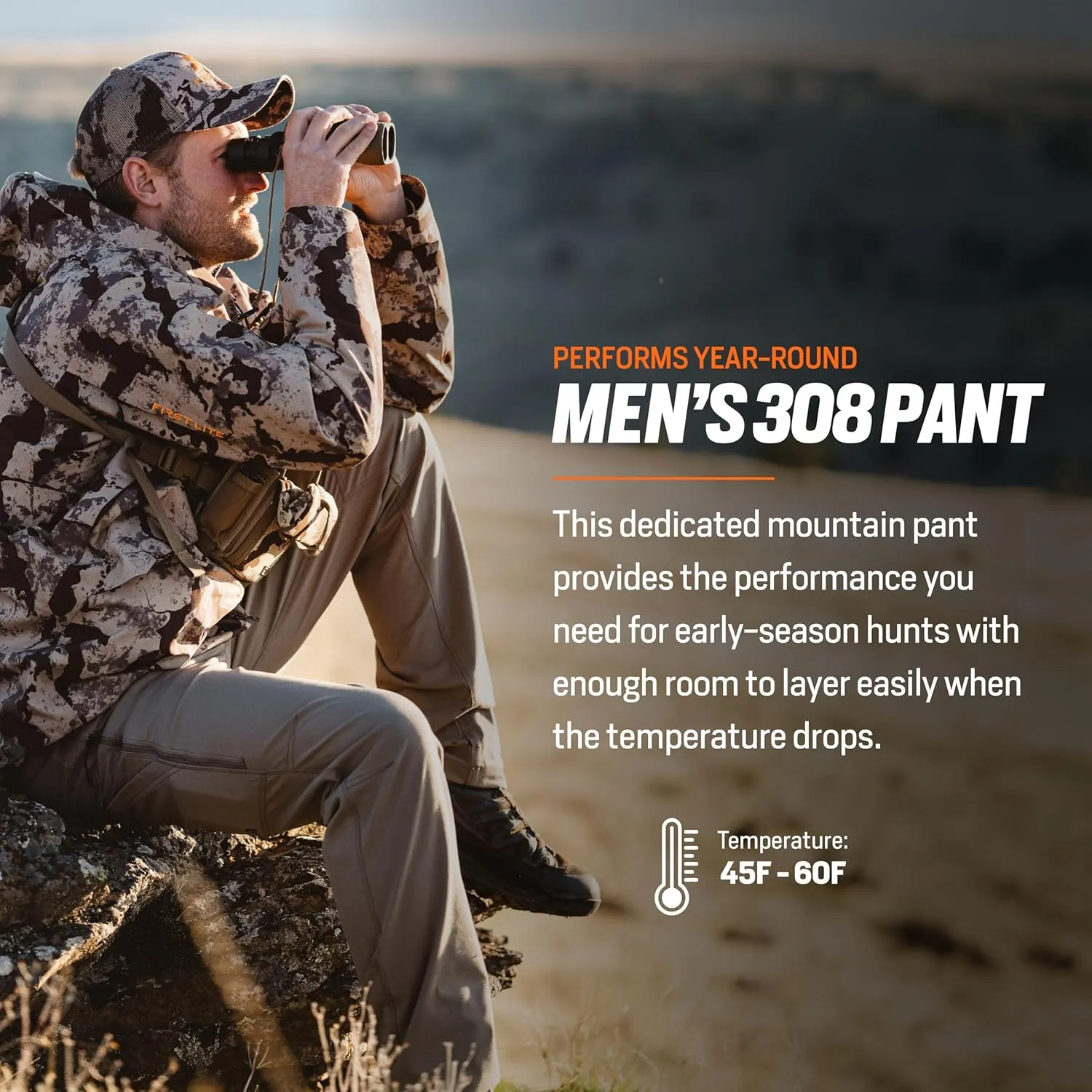 First Lite Mens 308 Pant - Mens Outdoor Stretch Camo Hunting Pants with Hip Vents, Year Round Lightweight Hunting Gear