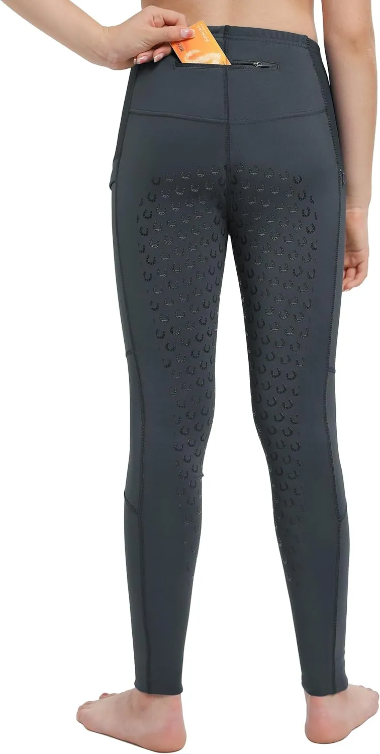FitsT4 Sports Girls Horse Riding Pants Full Seat Silicone Kids Equestrian Breeches Horseback Pockets Youth Schooling Tights