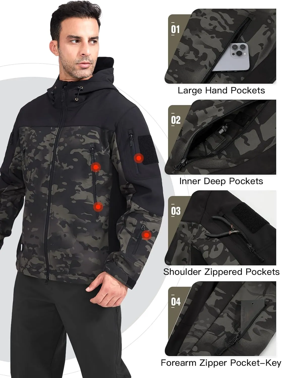 FREE SOLDIER Men's Outdoor Waterproof Soft Shell Hooded Military Tactical Jacket