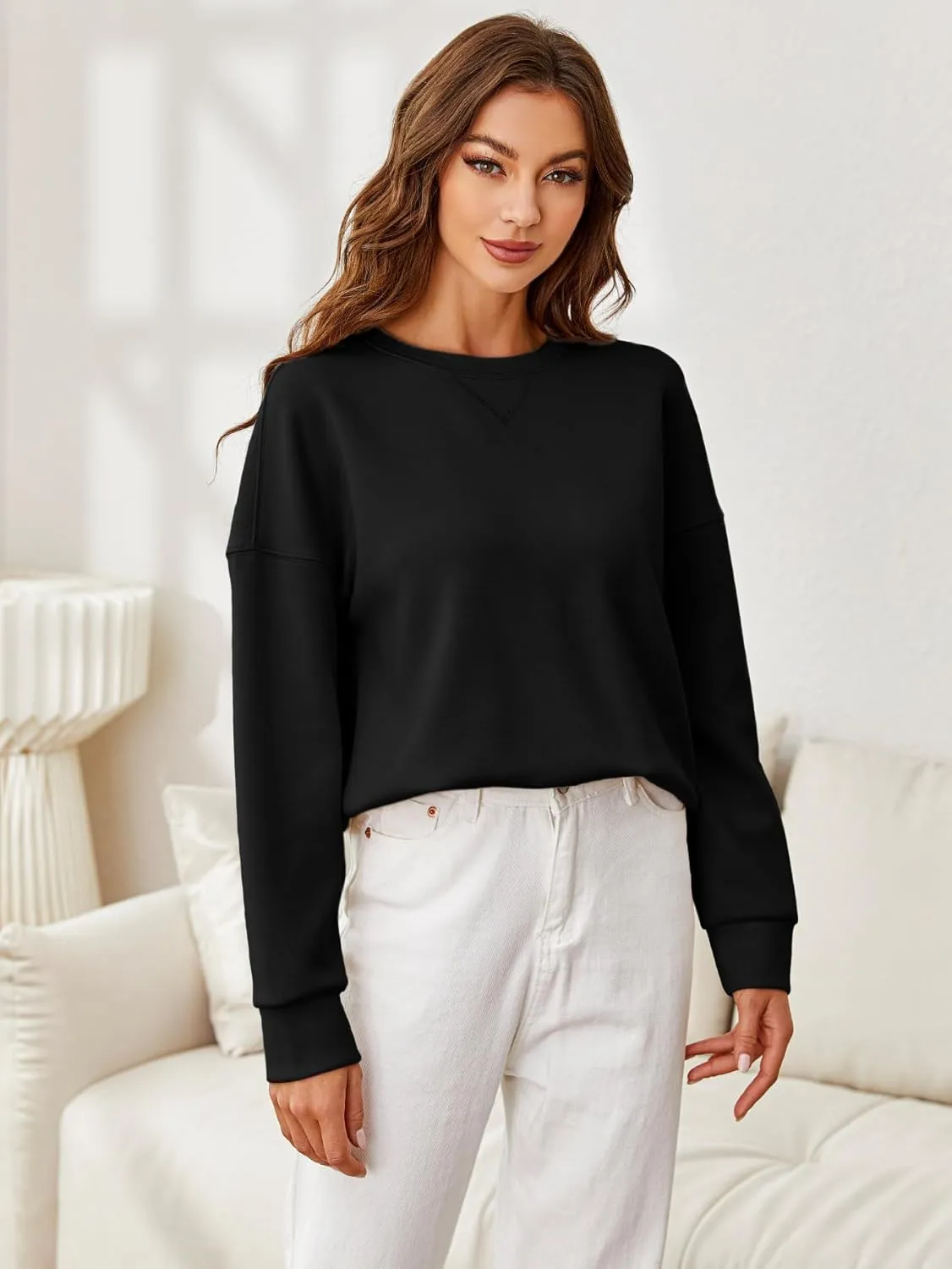 Glamaker Women's Crewneck Cropped Sweatshirt Pullover Stripe Air Essentials Basic Long Sleeve Shirts Casual Loose Fit Outfits