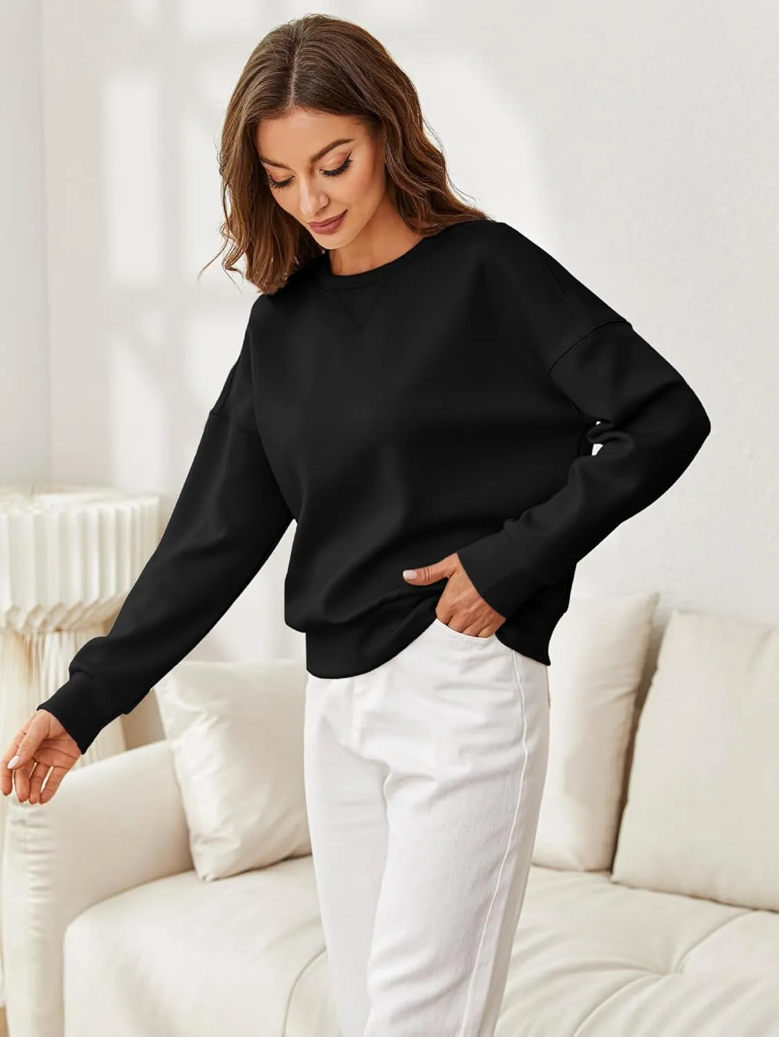 Glamaker Women's Crewneck Cropped Sweatshirt Pullover Stripe Air Essentials Basic Long Sleeve Shirts Casual Loose Fit Outfits