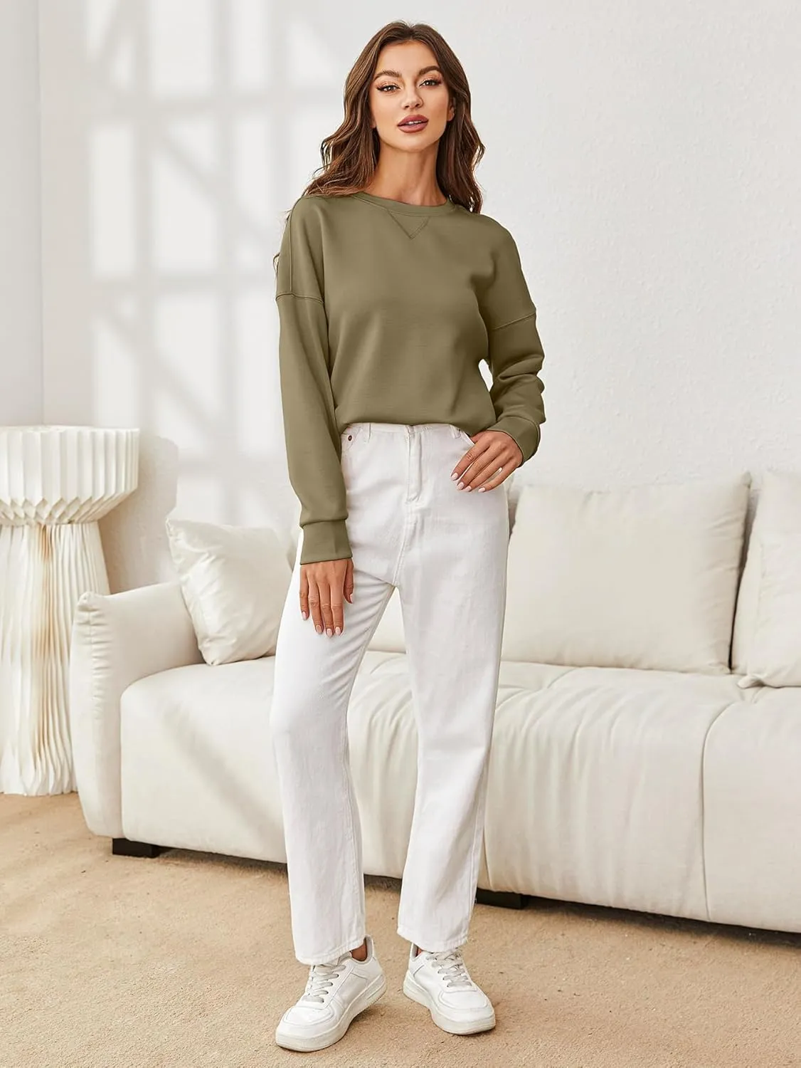 Glamaker Women's Crewneck Cropped Sweatshirt Pullover Stripe Air Essentials Basic Long Sleeve Shirts Casual Loose Fit Outfits