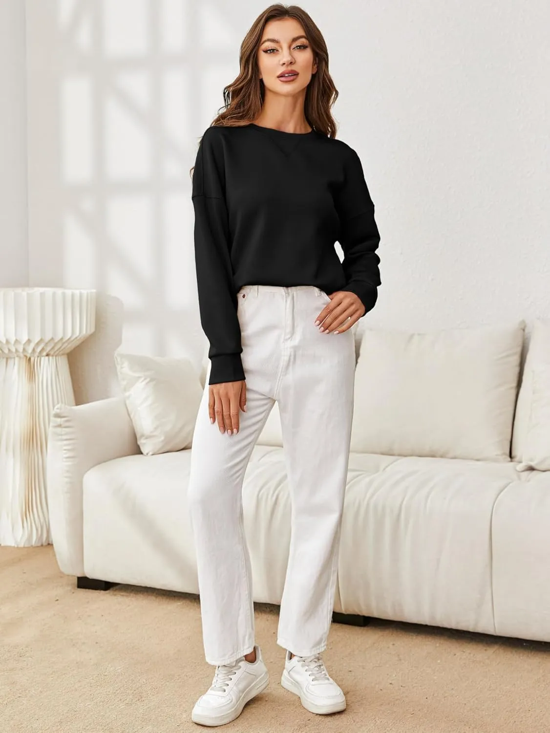 Glamaker Women's Crewneck Cropped Sweatshirt Pullover Stripe Air Essentials Basic Long Sleeve Shirts Casual Loose Fit Outfits