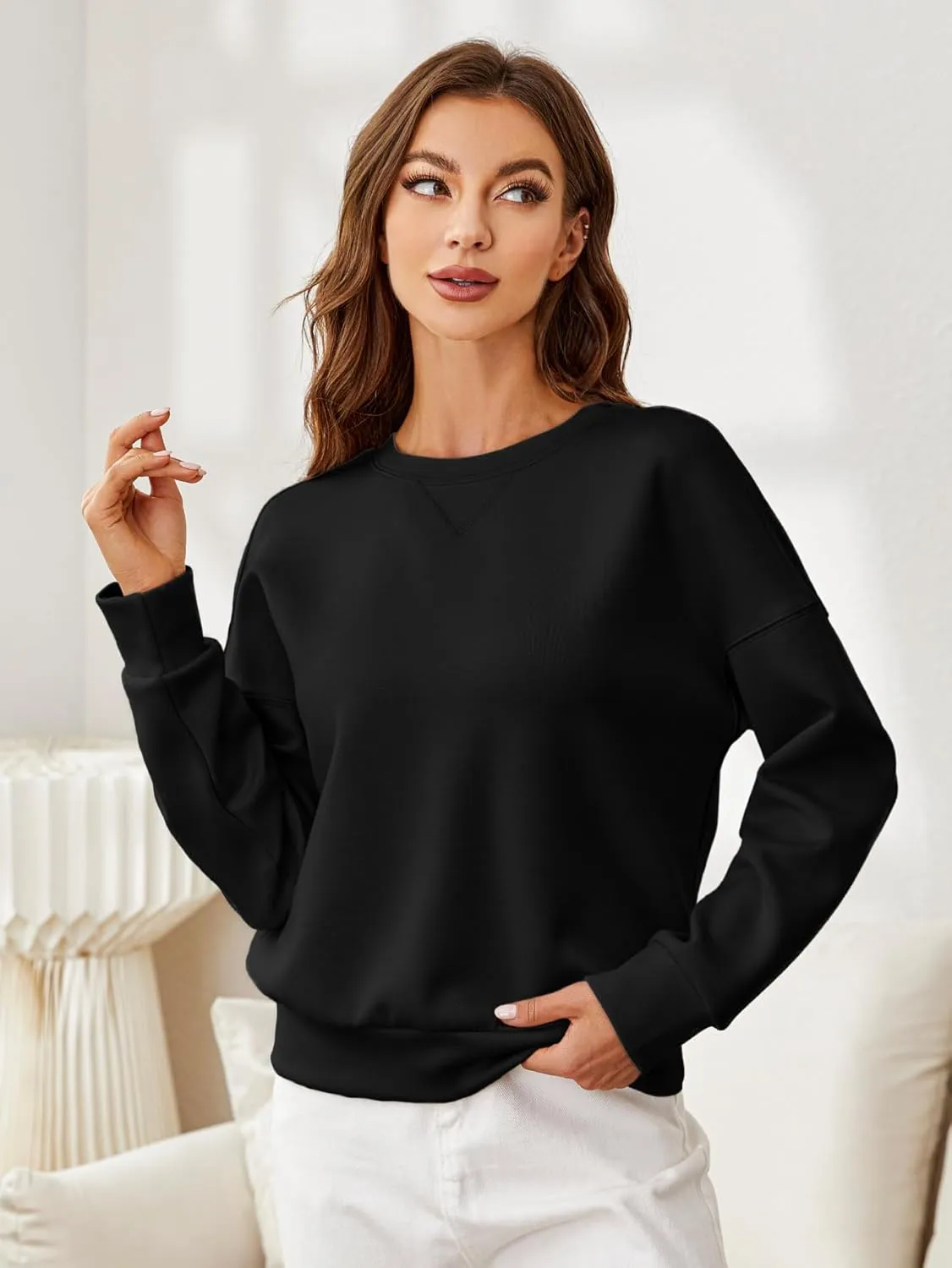 Glamaker Women's Crewneck Cropped Sweatshirt Pullover Stripe Air Essentials Basic Long Sleeve Shirts Casual Loose Fit Outfits