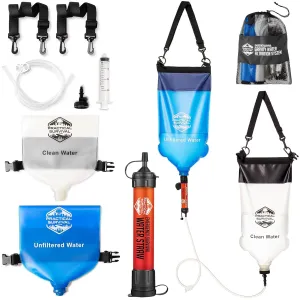Gravity Water Filtration System  2 High Capacity Lightweight Hanging Bags for Backpacking, Camping, Survival, Hiking, Hunting - Dirty, Clean Water Bags, Water Filter and Cleaning Plunger Included