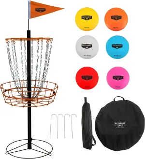 Hathaway 6-Player PDGA Approved Disc Golf Set for Kids & Adults  Frisbee Golf Basket with Weighted Discs, Sturdy Pole & Base, Chains, Anchors, Flag, Carry Bag  Complete Frisbee Golf Discs Set